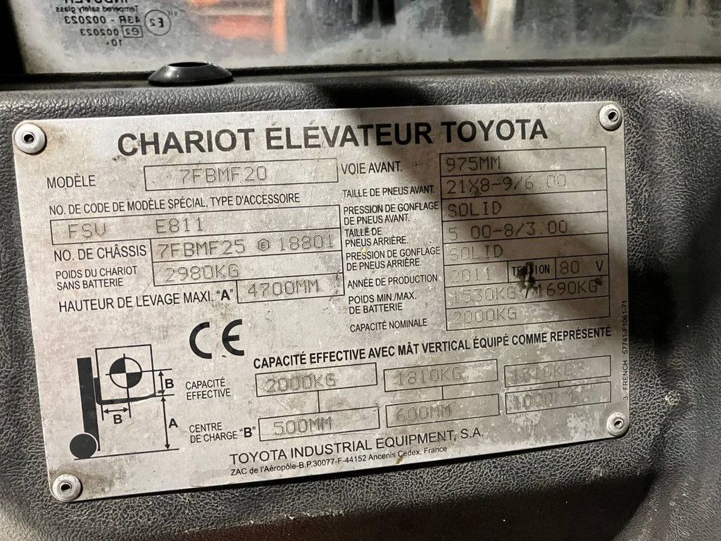 Toyota 7FBMF20 Elektro-Gabelstapler, 2000 kg, 4,7 m, Baujahr 2011