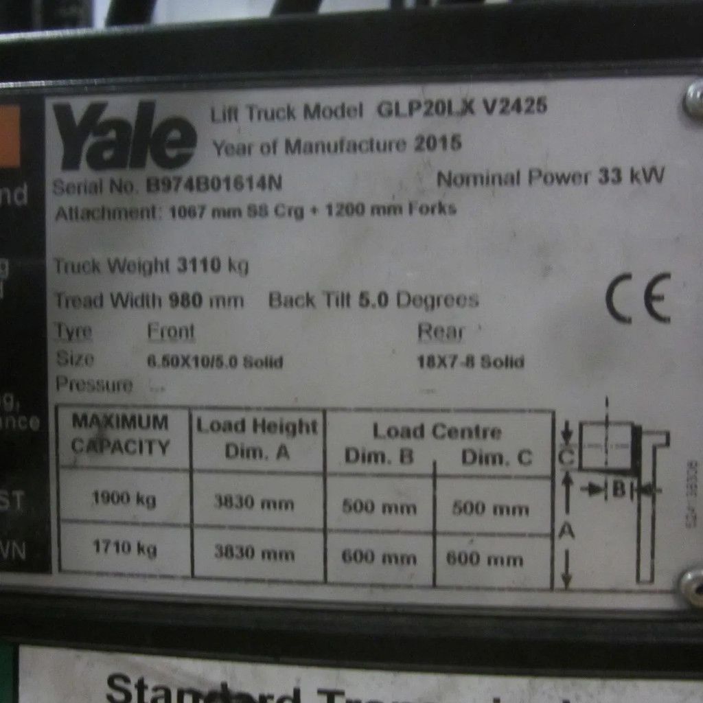Yale Heftruck GLP20LX, LPG, duplo, side shift.
