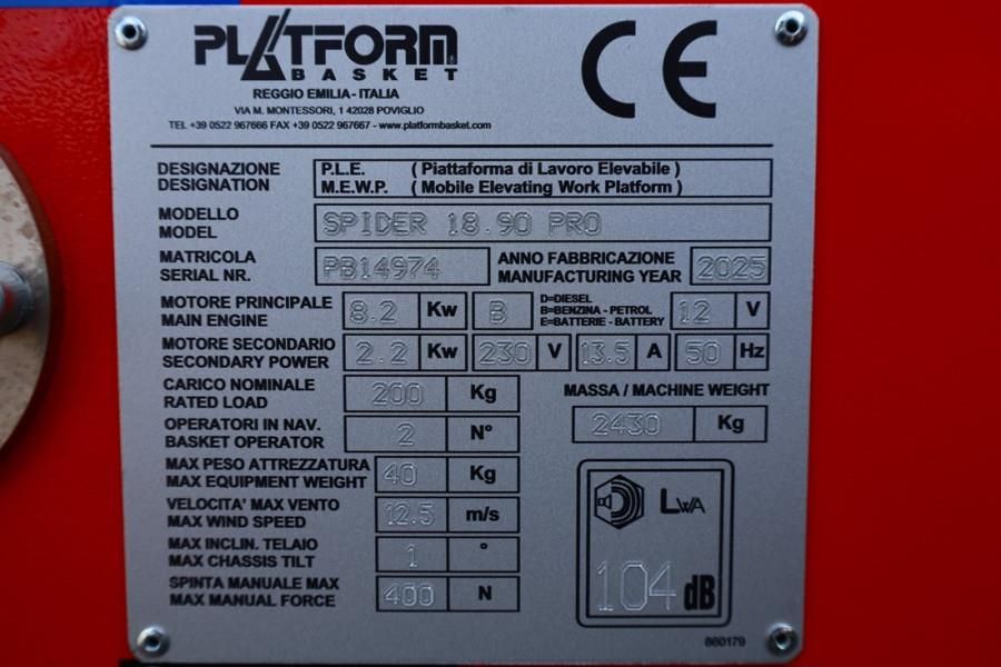 Platform Basket Spider 18.90 PRO CE Declaration, Valid inspection,