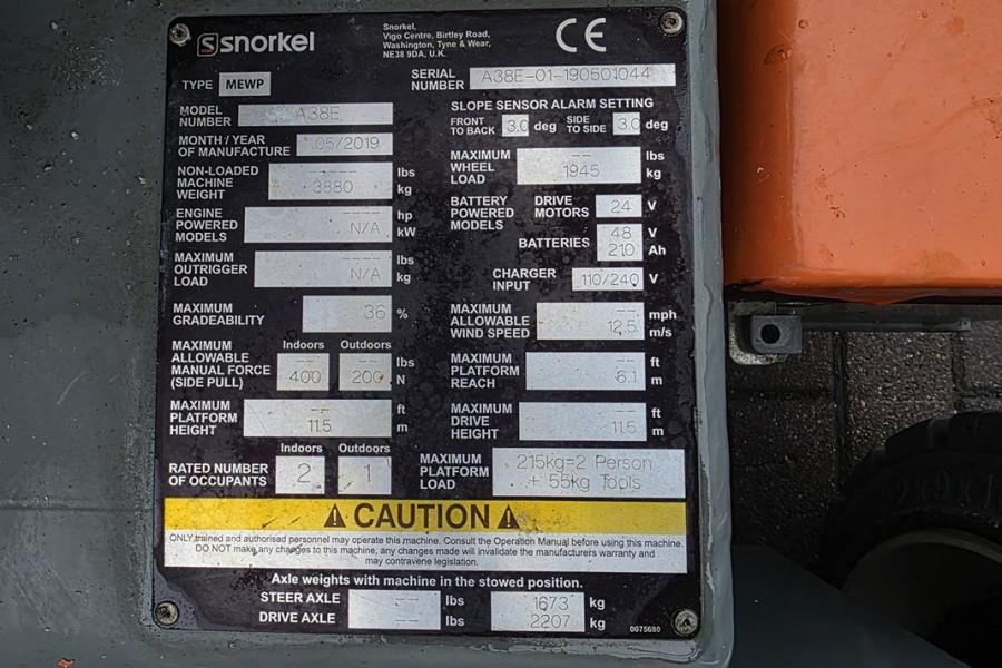 Snorkel A38E As-Is, Electric, 13.5m Working Height, 6.1m R