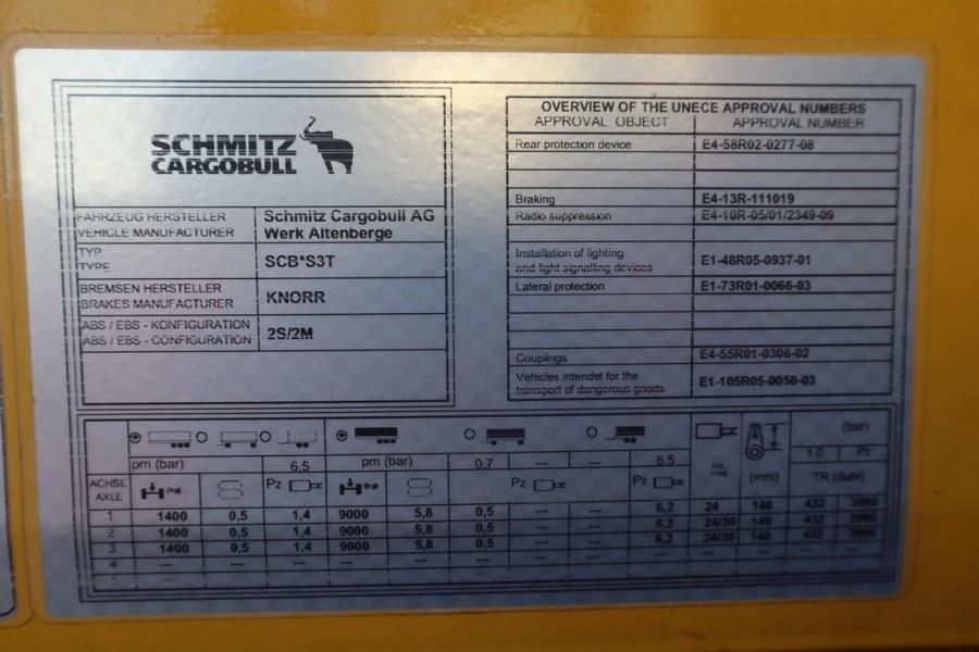 Schmitz Cargobull SCB3ST CoC Documents, TuV Loading Certificate, Dut