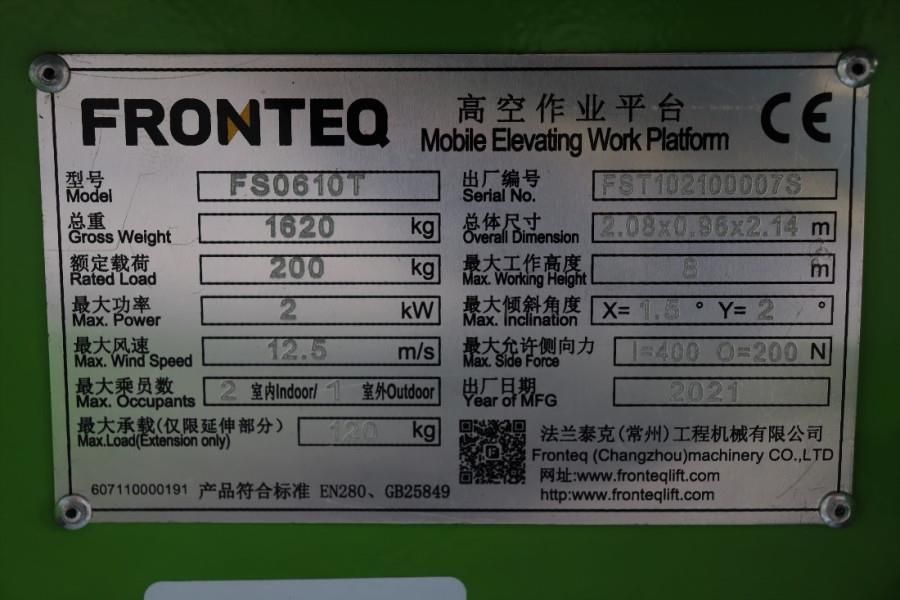 Fronteq FS0610T CE Declaration, 6.7m Working Height, 200kg