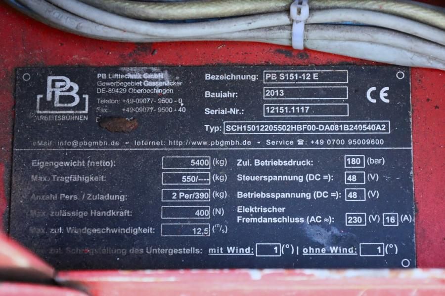PB Lifttechnik S151-12E Electric, 15m Working Height, 550kg Capac