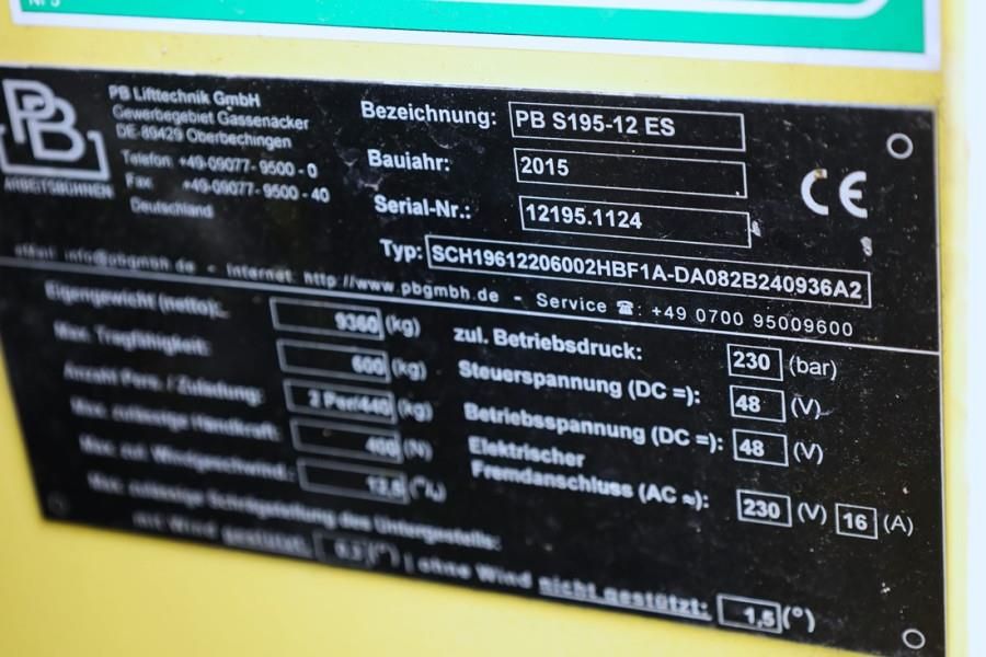 PB Lifttechnik S195-12ES Electric, 19.6m Working Height, 700kg Ca