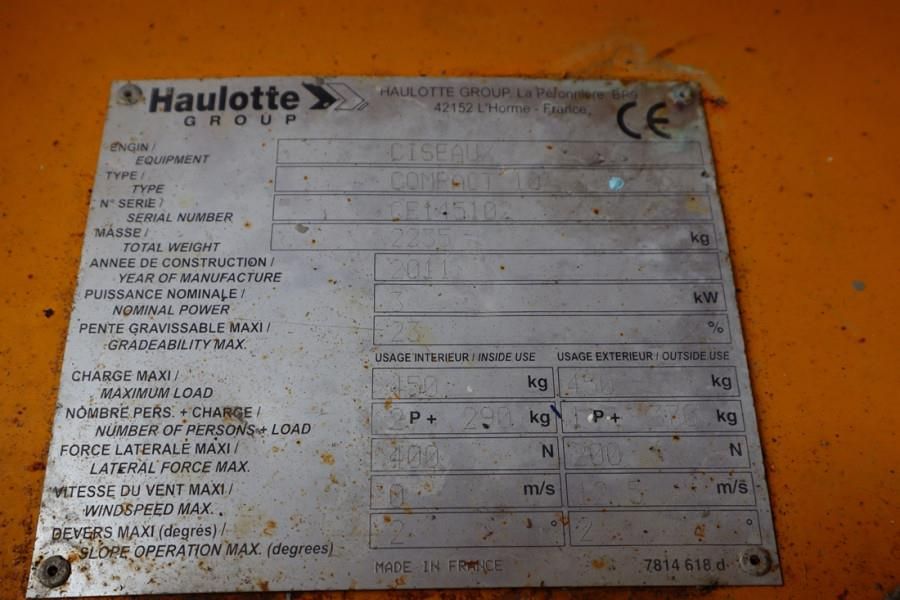 Haulotte Compact 10 Electric, 10m Working Height, 450kg Cap