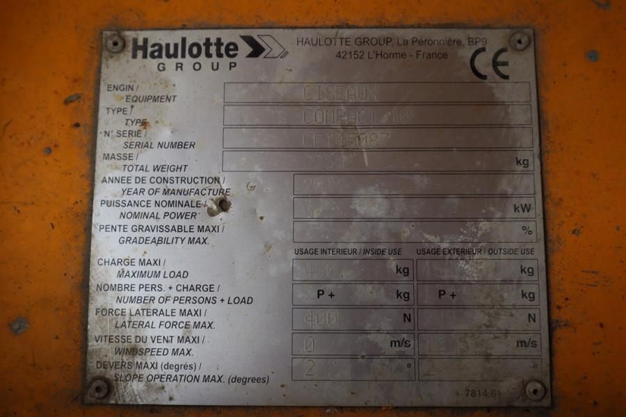 Haulotte Compact 10 Electric, 10m Working Height, 450kg Cap