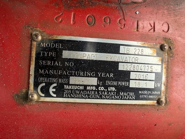 Takeuchi TB228 2.8T Minigraver Minikraan ZGST SLP/SRT