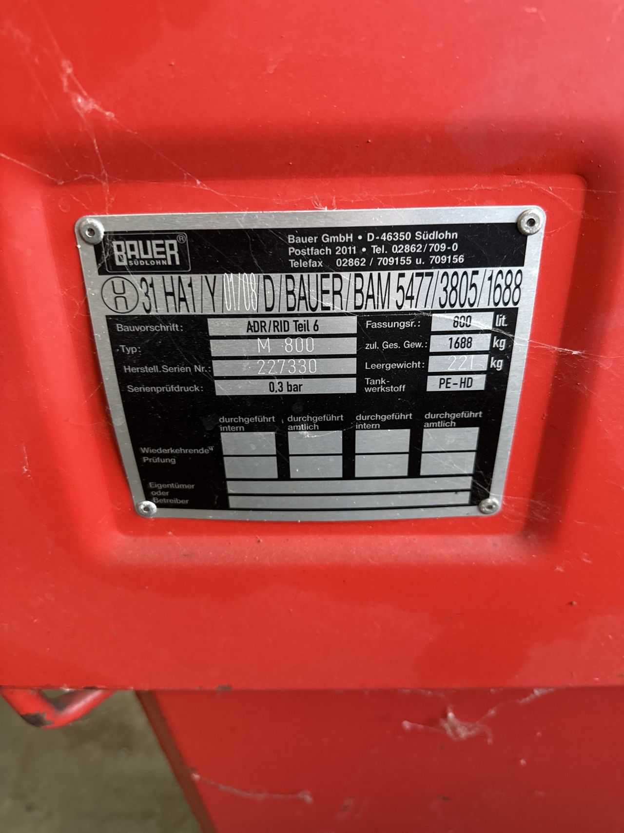 Bauer dieseltank 800L ADR dubbelwandig 220v pomp