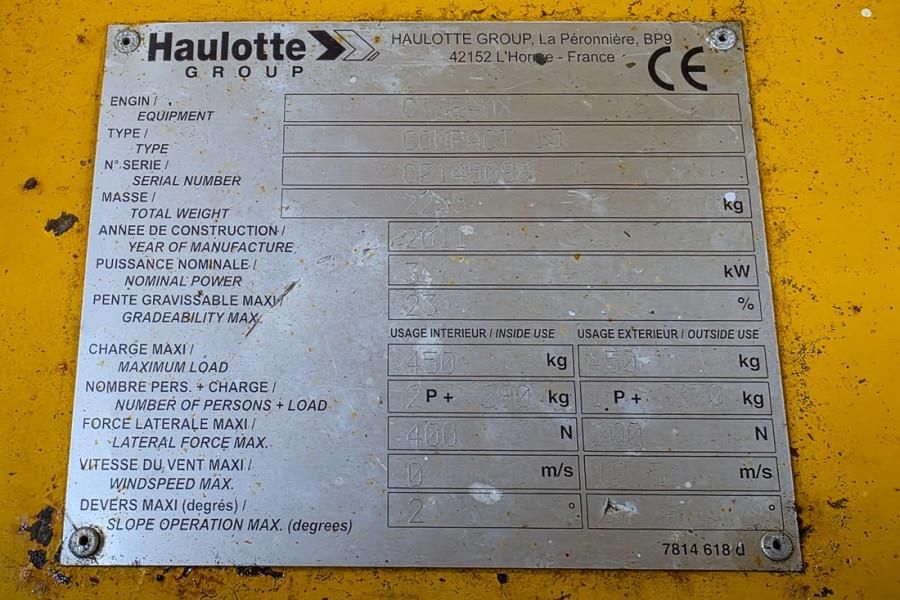 Haulotte Compact 10 Electric, 10m Working Height, 450kg Cap