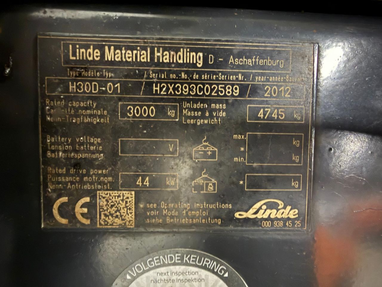 Heftruck linde h30-01 bouwjaar 2012 8200 uur.