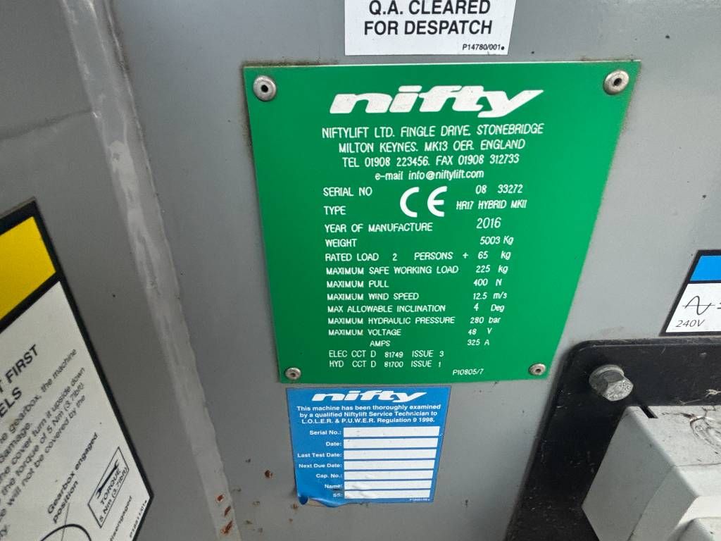 Niftylift HR17 hybrid 2016 17m knikarmhoogwerker nifty