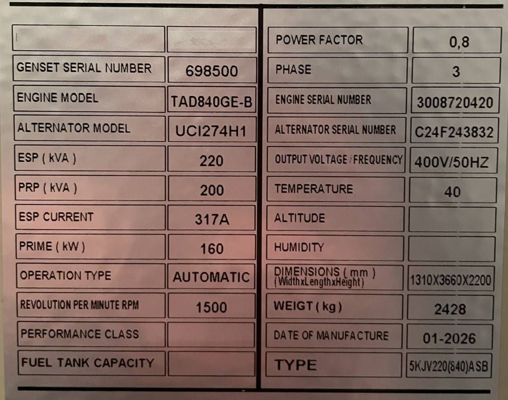 Volvo TAD840GE - 220 kVA Generator - DPX-18875
