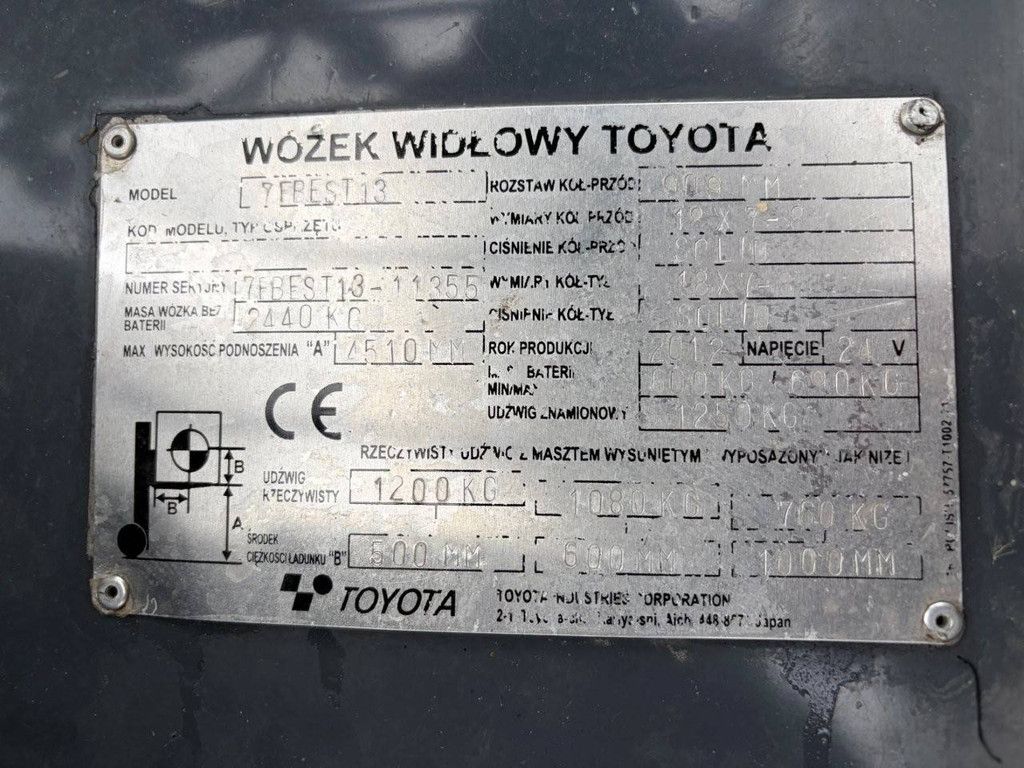 Toyota 7FBEST13 Elektro-Gabelstapler, 1200 kg, Baujahr 2012