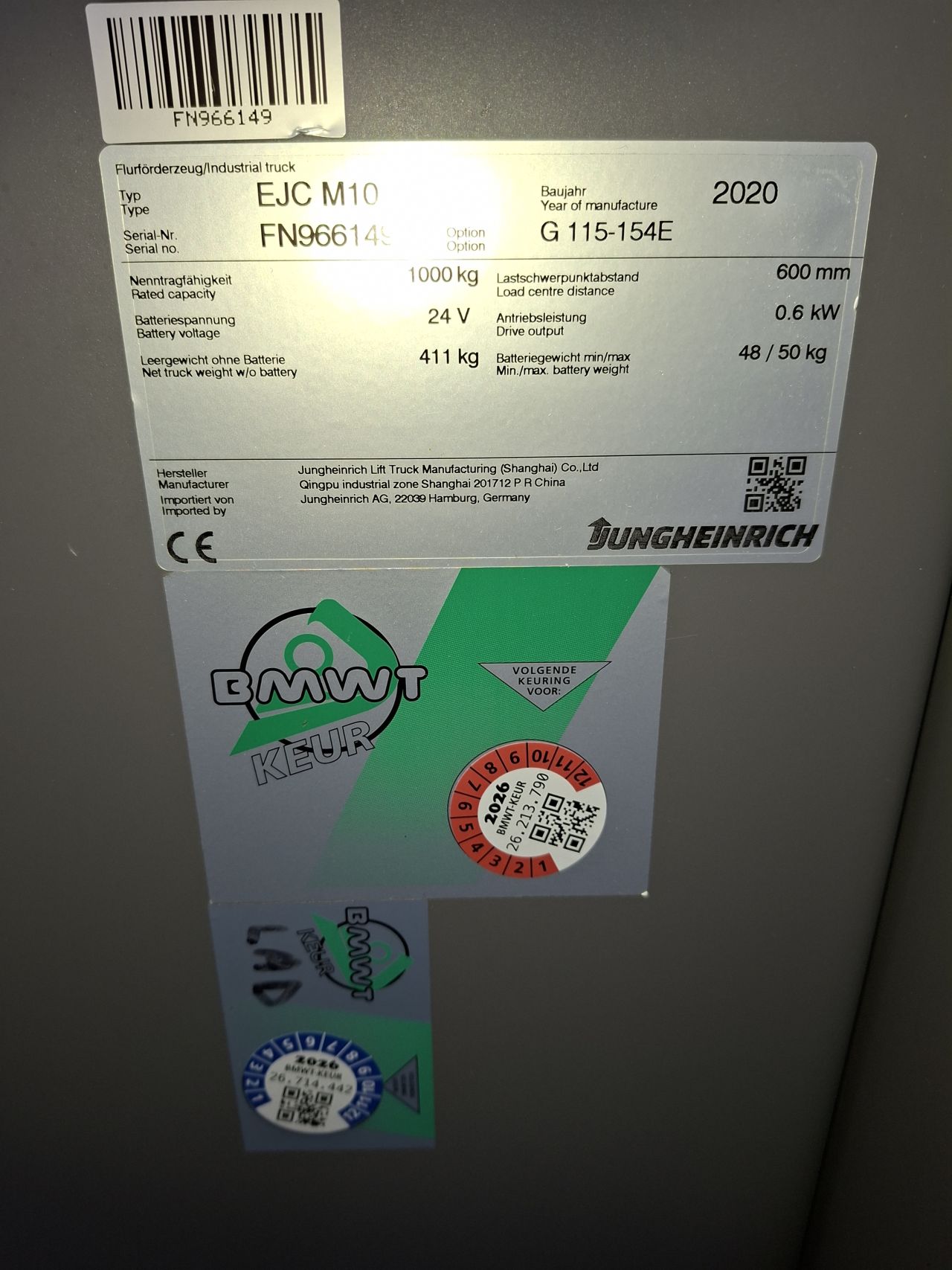 Jungheinrich elektrische stapelaar 154 cm 1000 kg ejc M10 bj2020
