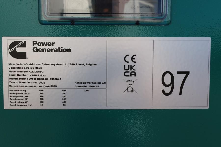 Cummins C220D5EQ Declaration of Conformity, Diesel, 220kVA