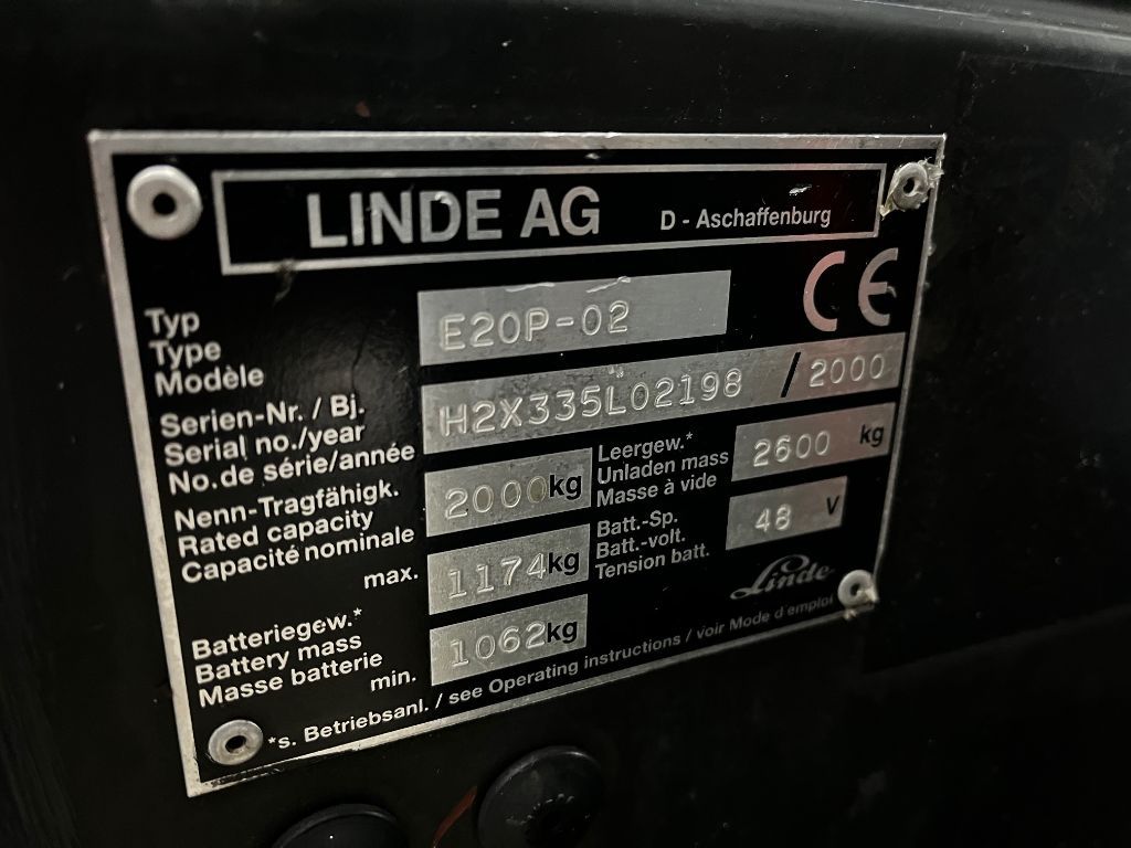 LINDE E20P-02 Elektrische Heftruck. Hefhoogte 5.45m.