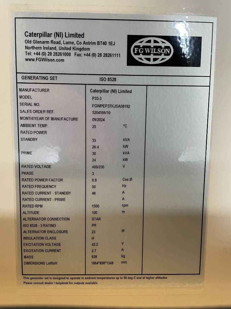 FG Wilson P33-3 - 33 kVA Genset - 125L Tank - DPX-16003-66