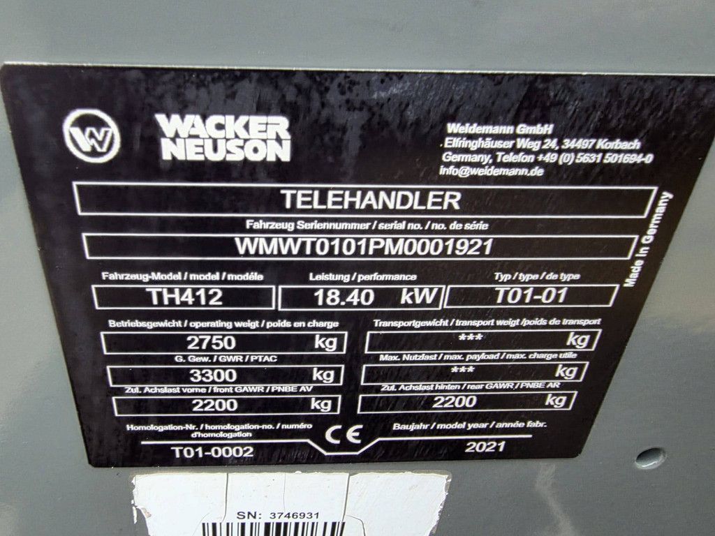 Wacker Neuson TH412 Diesel 1200kg Telehandler 2021
