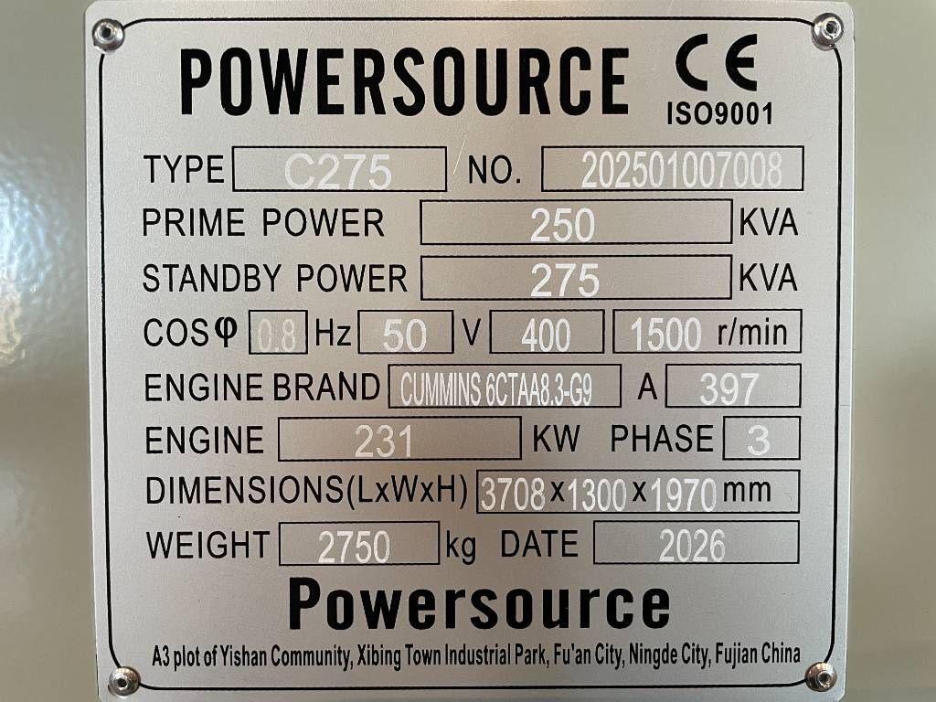 Cummins 6CTAA8.3-G9 - 275 kVA Generator - DPX-19842