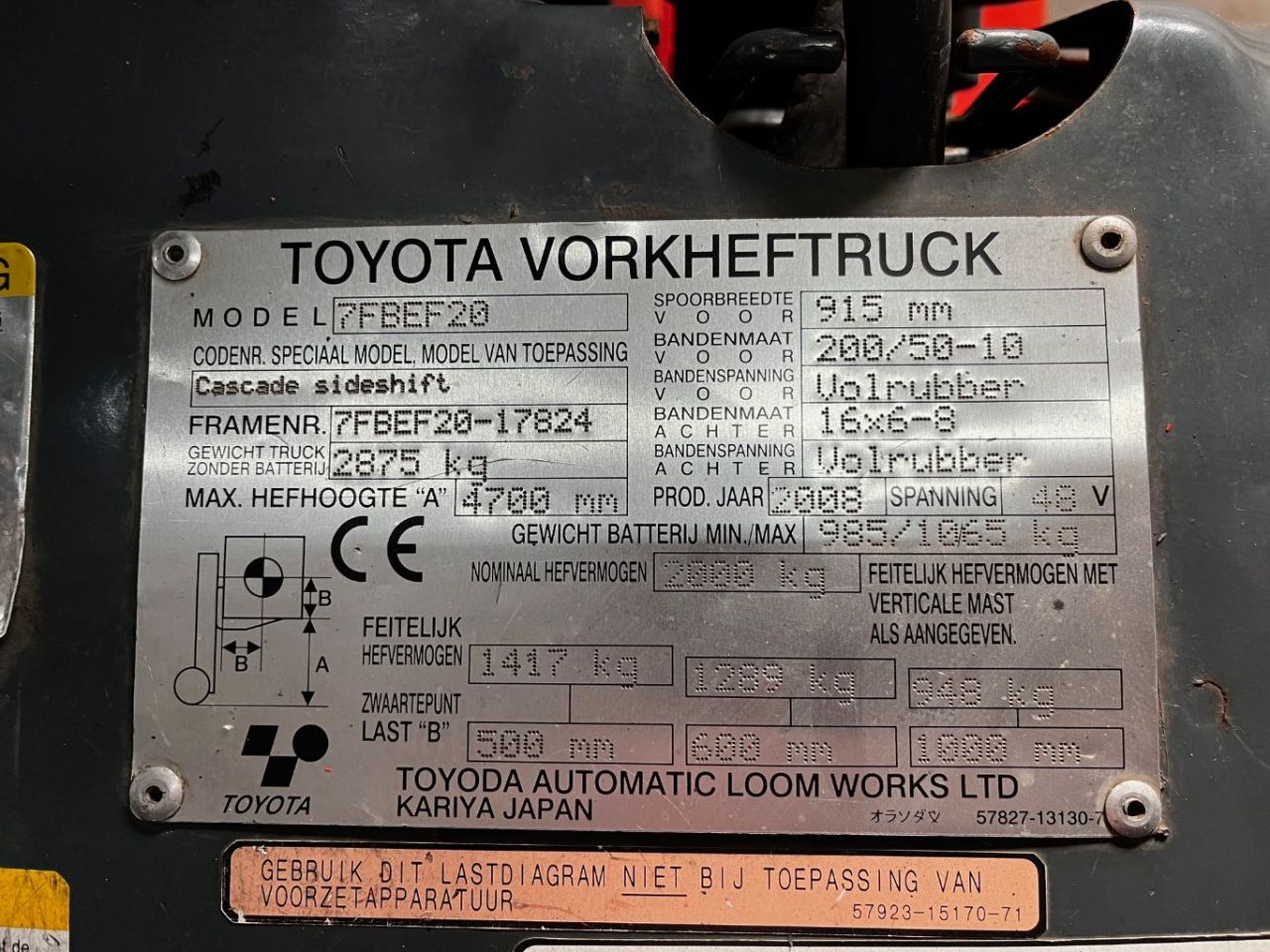 TOYOTA 7FBEF20 Elektrische heftruck, 2 ton, Triplo, Sideshift.