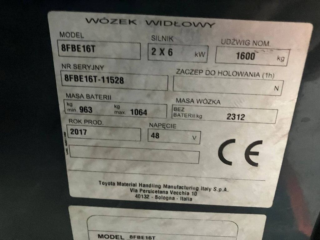 Toyota 8FBE16T Electric Forklift 1600kg 2017