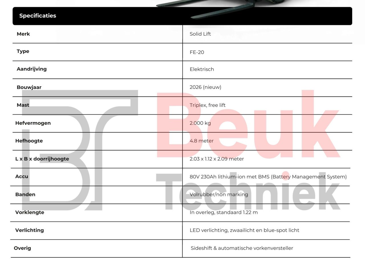 Solid Lift FE-20 elektrische heftruck 2.000 kg (2.0 ton)