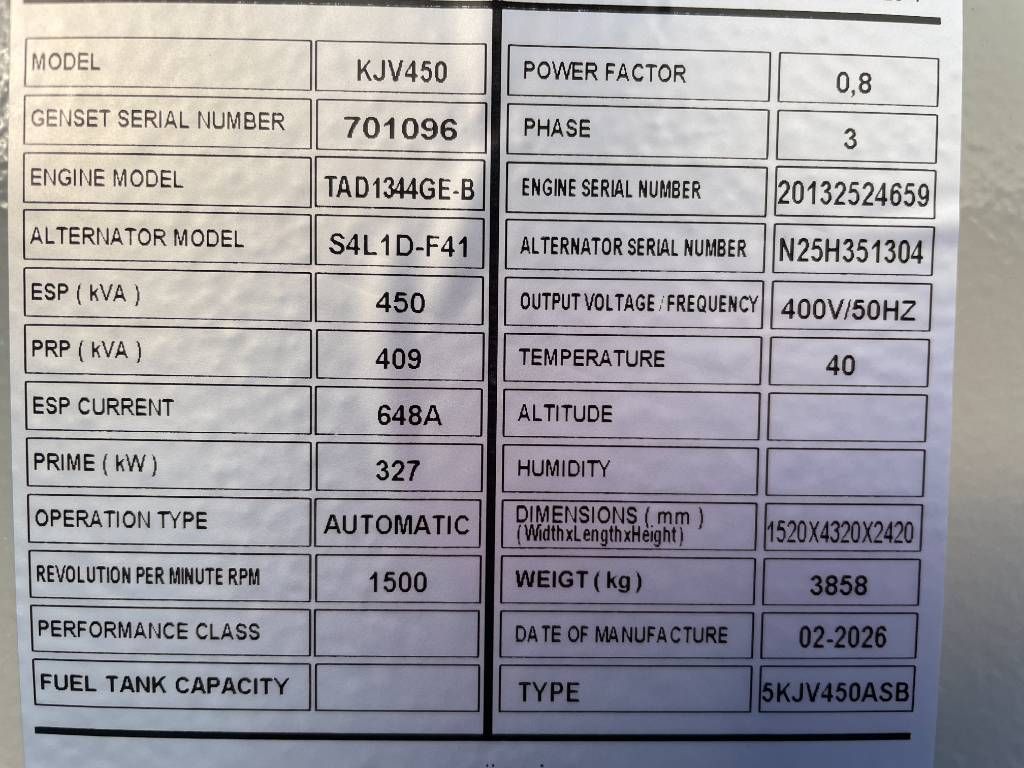 Volvo TAD1344GE - 450 kVA Generator - DPX-18880