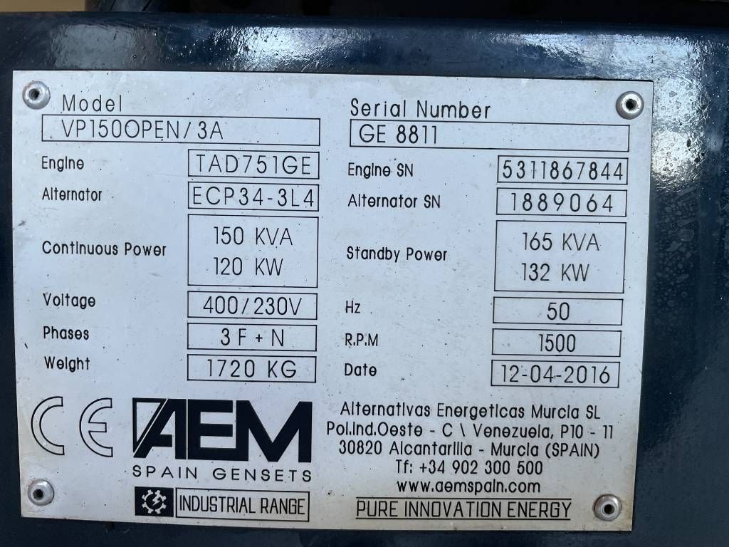 Volvo TAD751GE - 165 kVA generator - DPX-12656