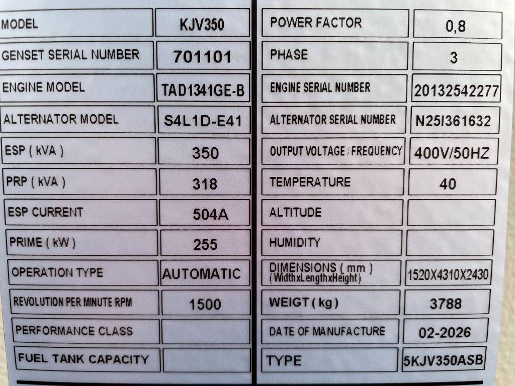 Volvo TAD1341GE - 350 kVA Generator - DPX-18878