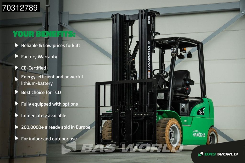 Hangcha CPD35 Electric Forklift - Li-ion - Triplex - Free lift - Side shift