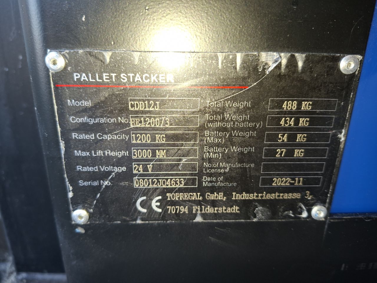 Elektrische stapelaar 3000 mm 1200 kg bj 11-2022