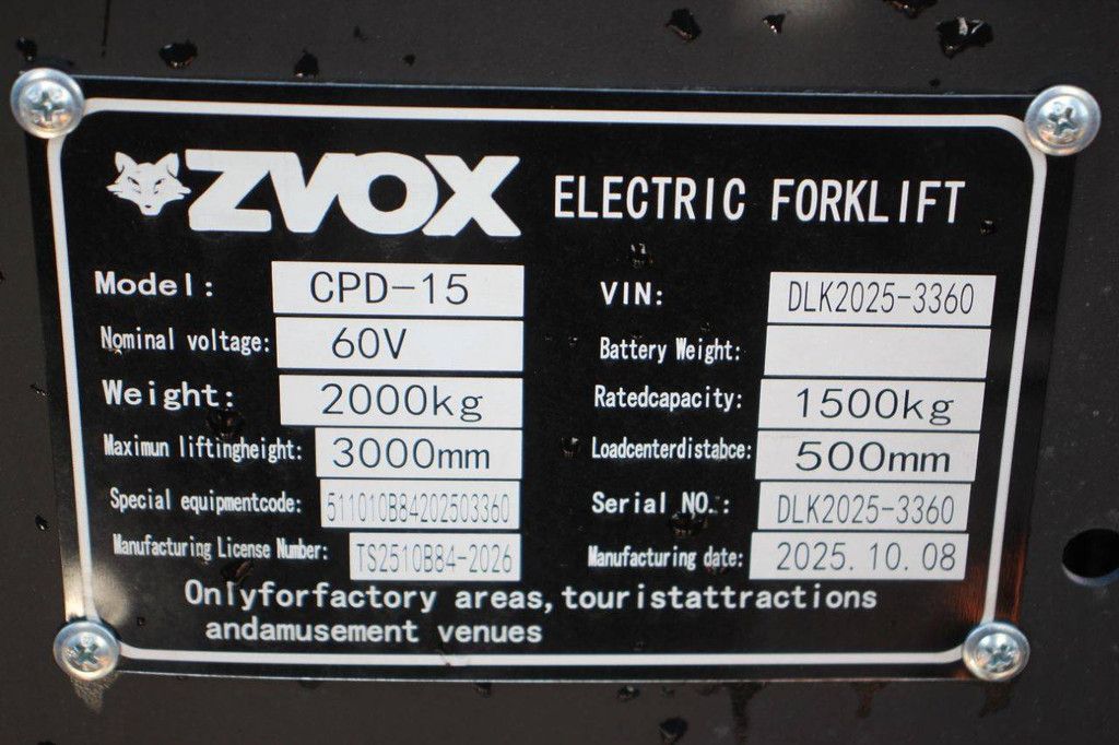 Heftruck ZVOX CPD-15 Elektrisch 1500kg 3.0m 2025 Nieuw