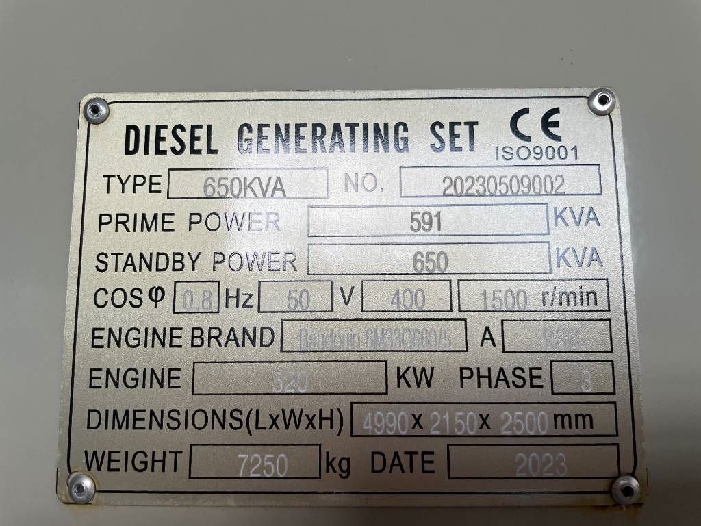 Baudouin 6M33G660/5 - 650 kVA Surplus Genset - DPX-19879