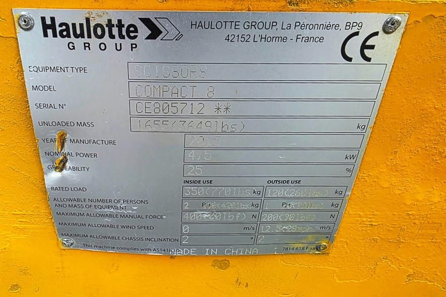 Haulotte Compact 8 Electric, 8.2m Working Height, 350kg Cap