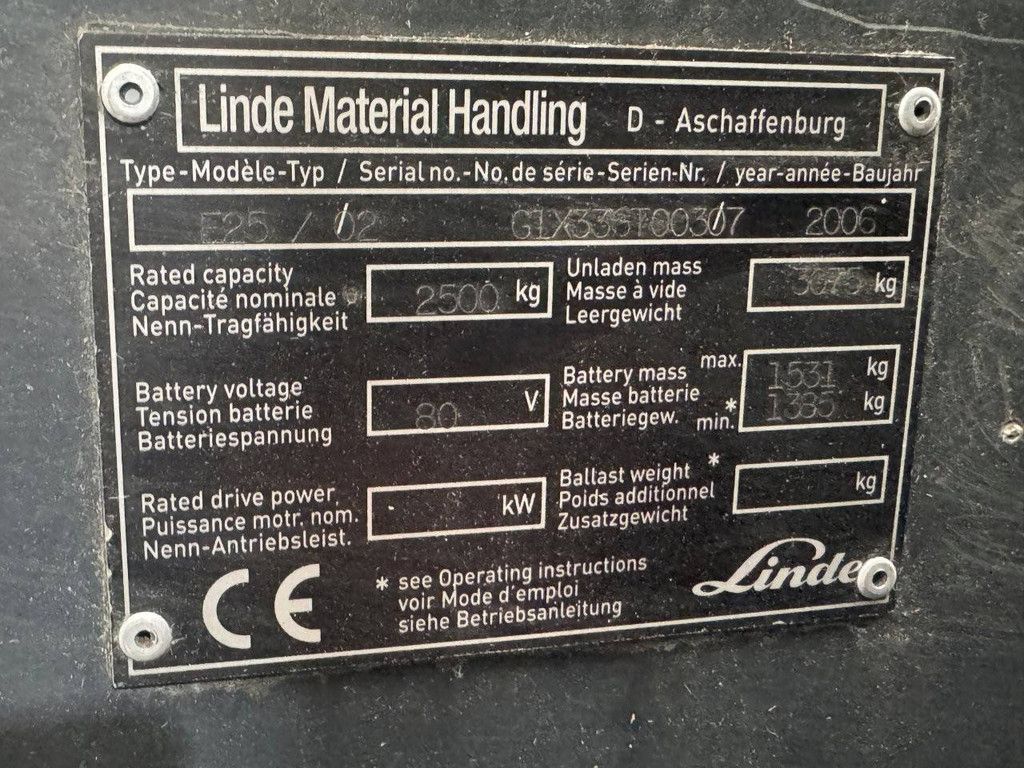 Linde E25-02 Electric Forklift 2500kg 5.3m 2006
