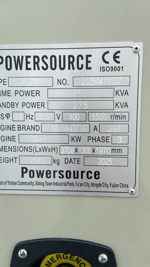 Perkins 1206A-E70TTAG3- 275 kVA Generator - DPX-19810