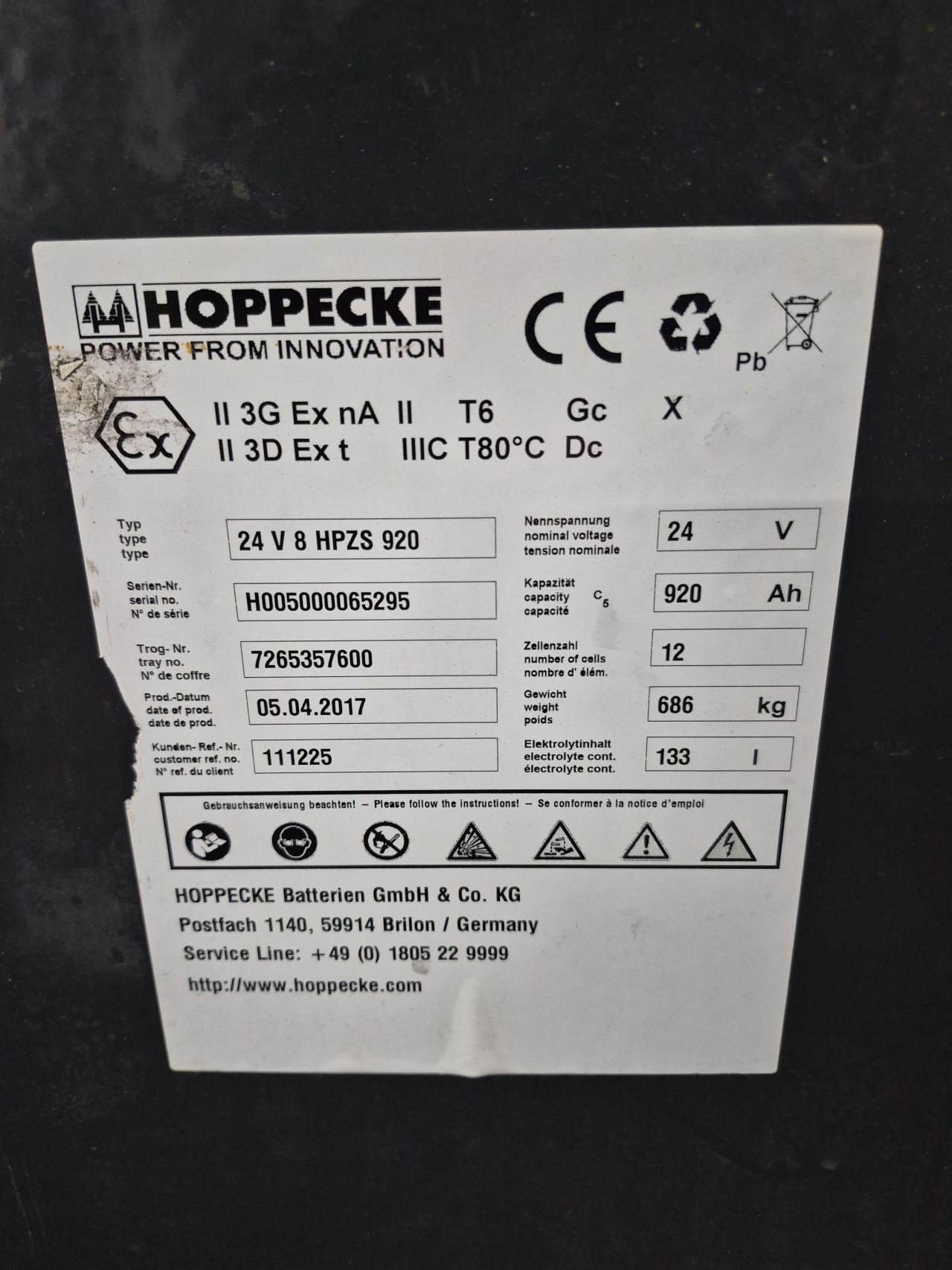 Hoppecke 24V 8HPZS920 tractie batterij bj 2017 c5 getest 72%