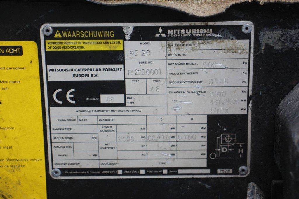 Mitsubishi RB 20 Electric Reach Truck 2000kg 5.70m 1998