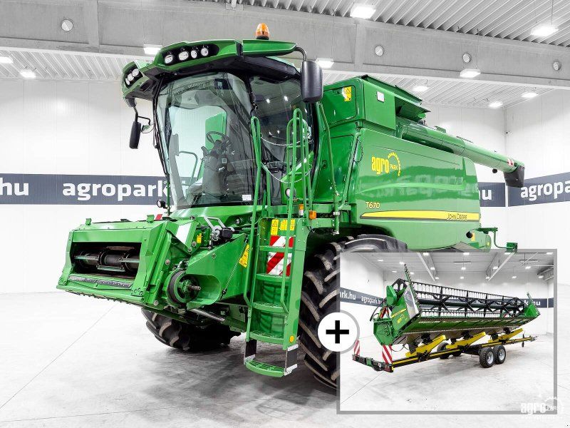John Deere T670 6 straw walkers, 7,6 m 625R header, transport trolley, rape