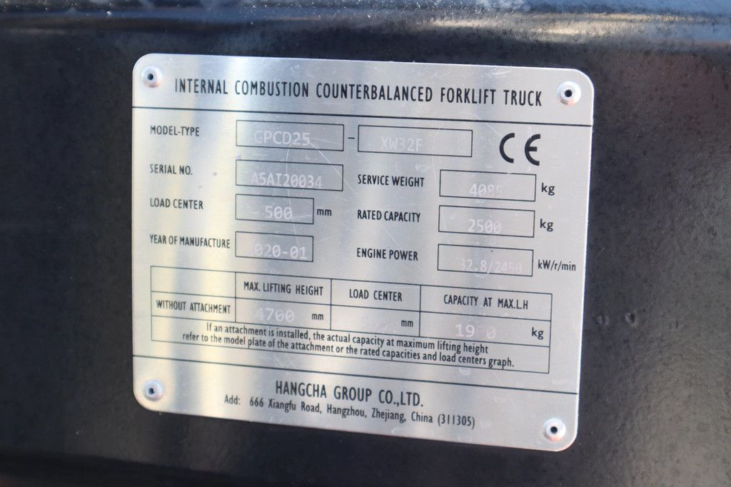 Hangcha CPCD25 | TRIPLEX | 2.5 TON | SIDESHIFT | POSITIONERS