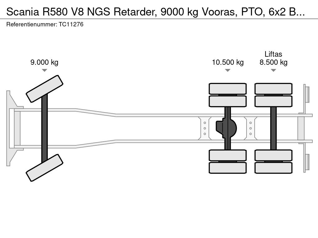 Scania R580 V8 NGS Retarder, 9000 kg Vooras, PTO, 6x2 Boogie TC11276