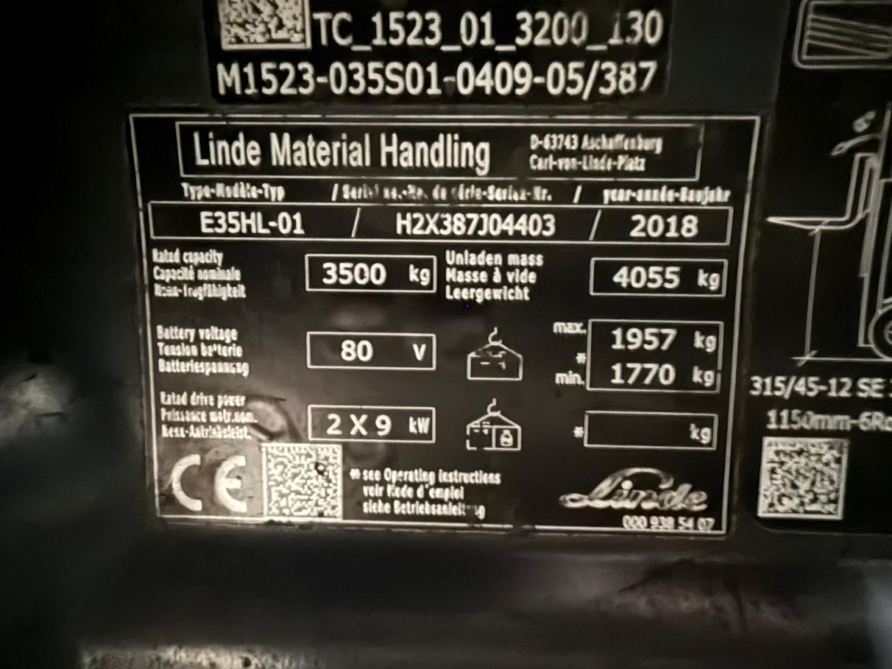 Heftruck linde E35HL 2018 3500 kg vorkenversteller en Side shift