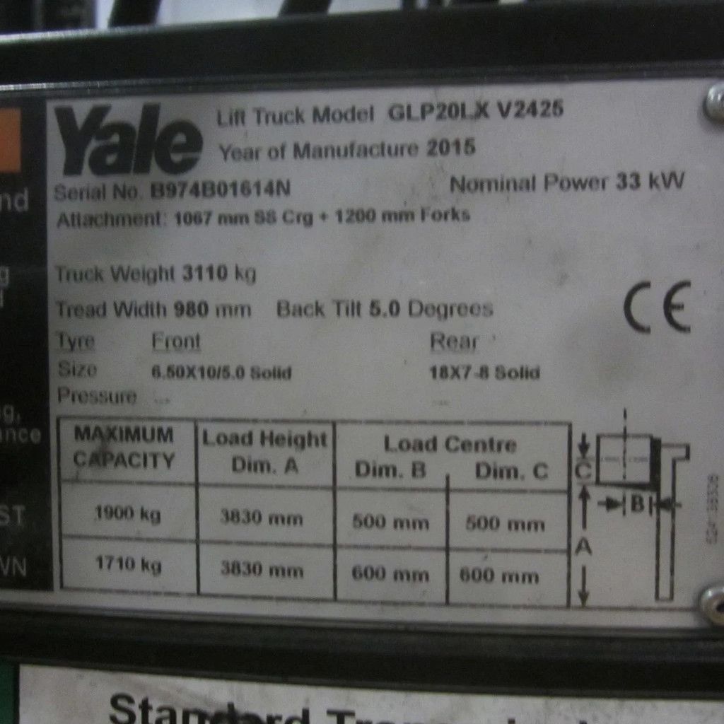 Yale Heftruck GLP20LX, LPG, duplo, side shift.