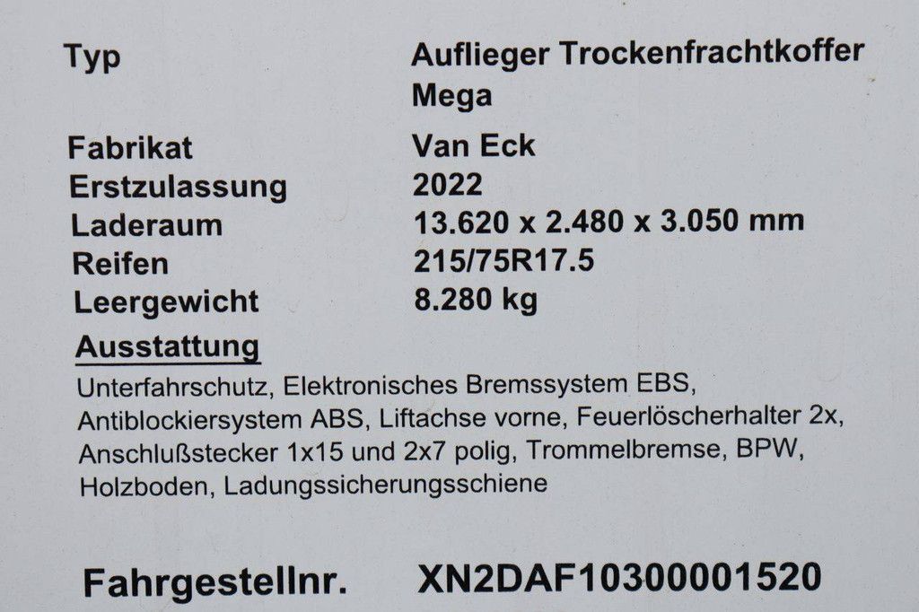 Geschlossener Auflieger Van Eck Auflieger Trockenfrachtkoffer Mega 2022