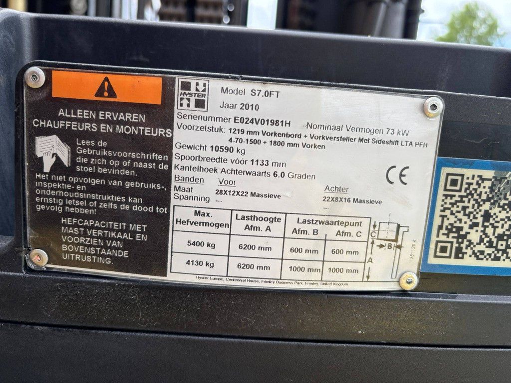 Forklift Hyster S7.0FT LPG 7000kg 6.2m 2010