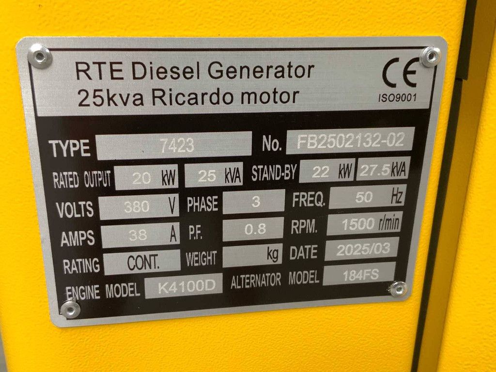 Generator RTE 7423 Diesel 2025 25 KVA 2025 Neu