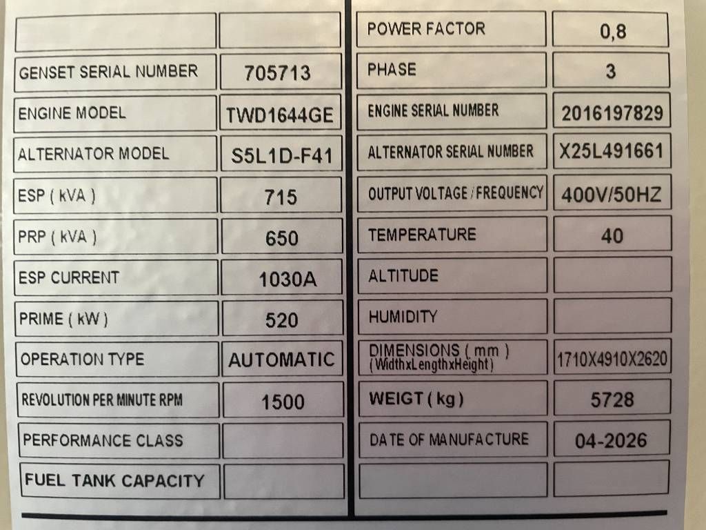 Volvo TWD1644GE - 715 kVA Generator - DPX-18884.1