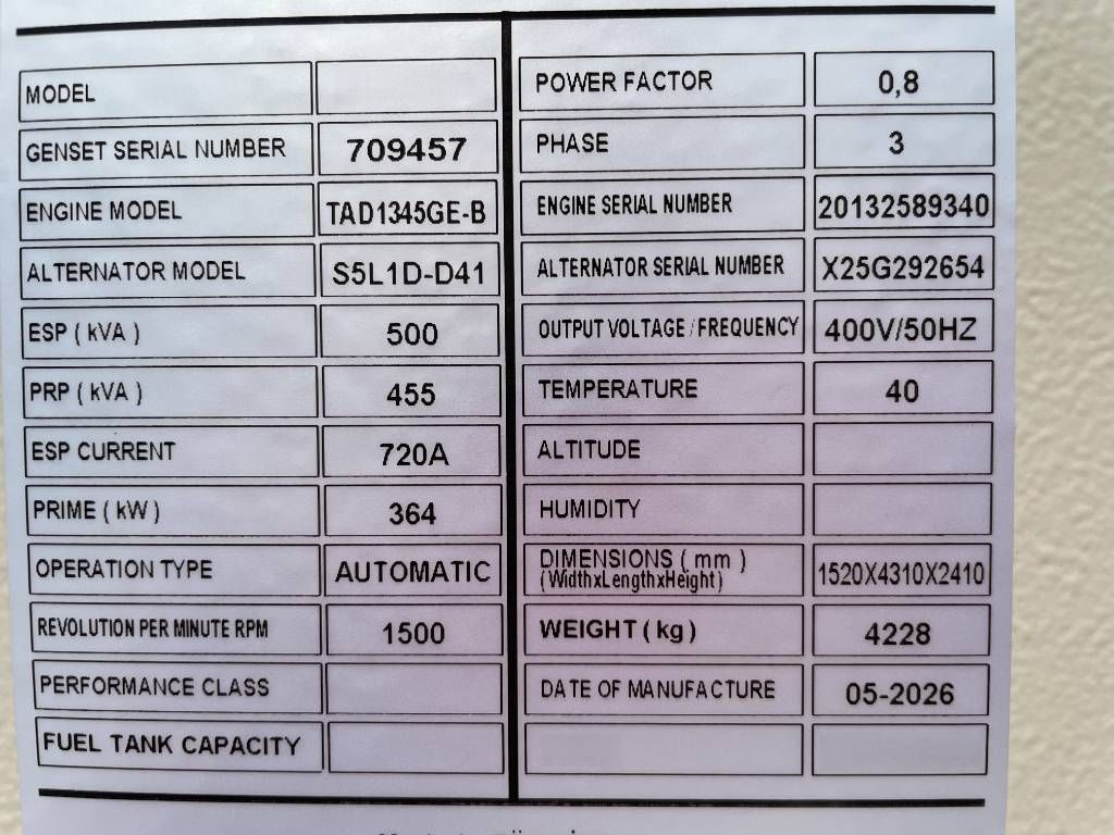 Volvo TAD1345GE - 500 kVA Generator - DPX-18881