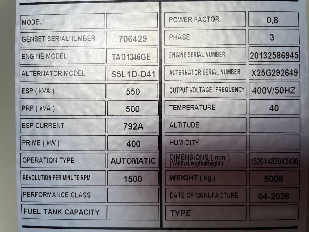 Volvo TAD1346GE - 550 kVA Generator - DPX-18882