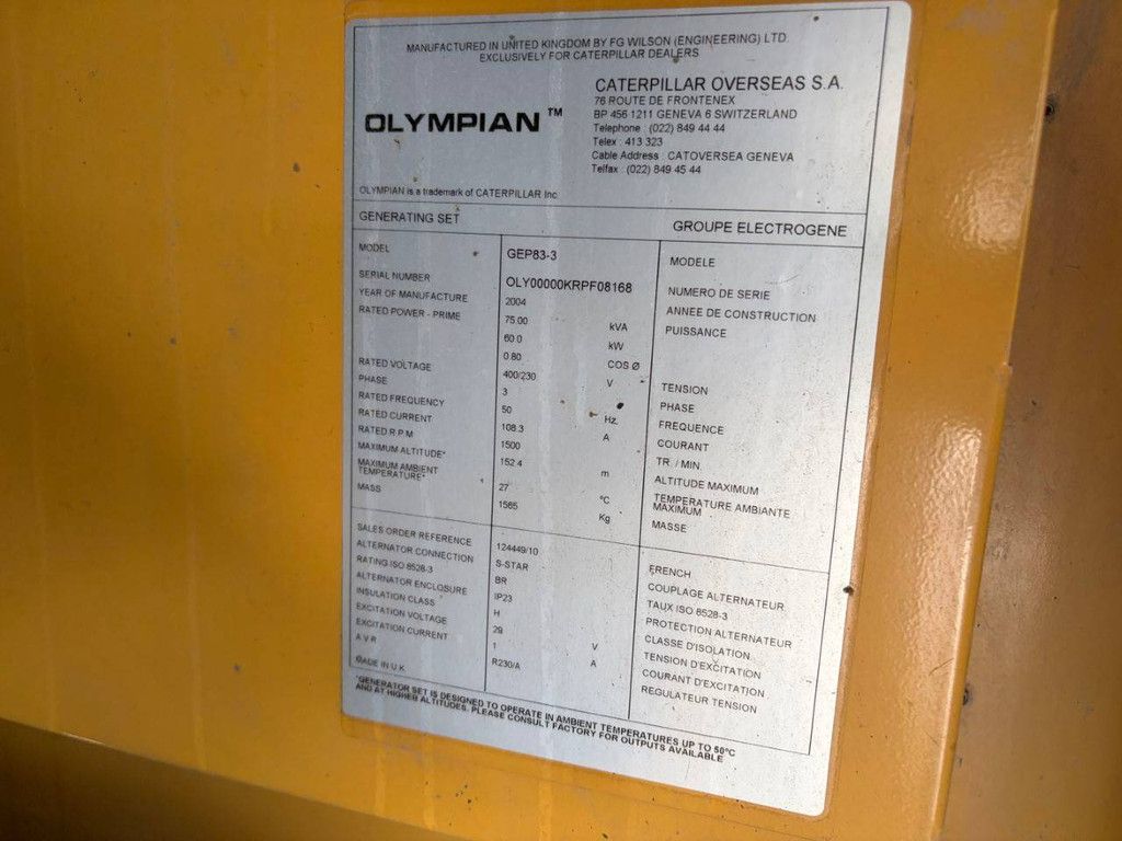 Generator Olympian GEP83-3 Diesel 75kVA 2004